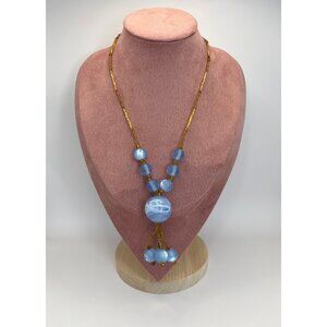 Vintage 1950s Blue Lucite Moonglow Dangle Bead Necklace 18”